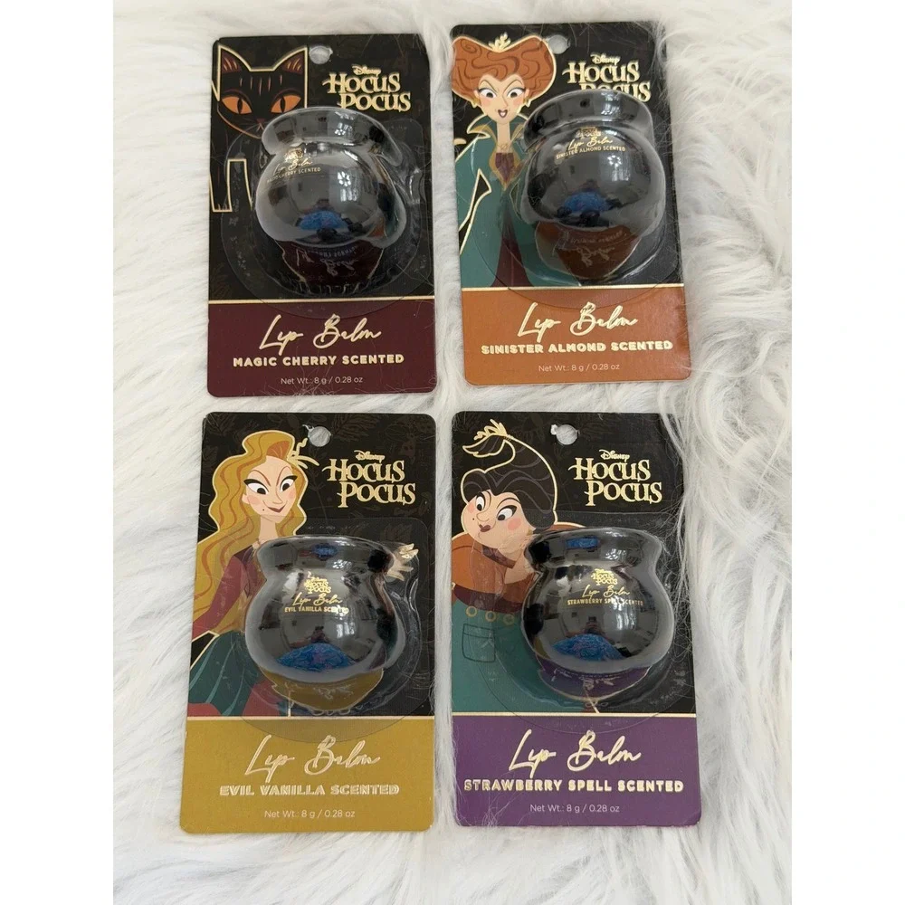 Disney Hocus Pocus Lip Balm Set 4 Cauldron Jars Cherry Almond Vanilla Strawberry